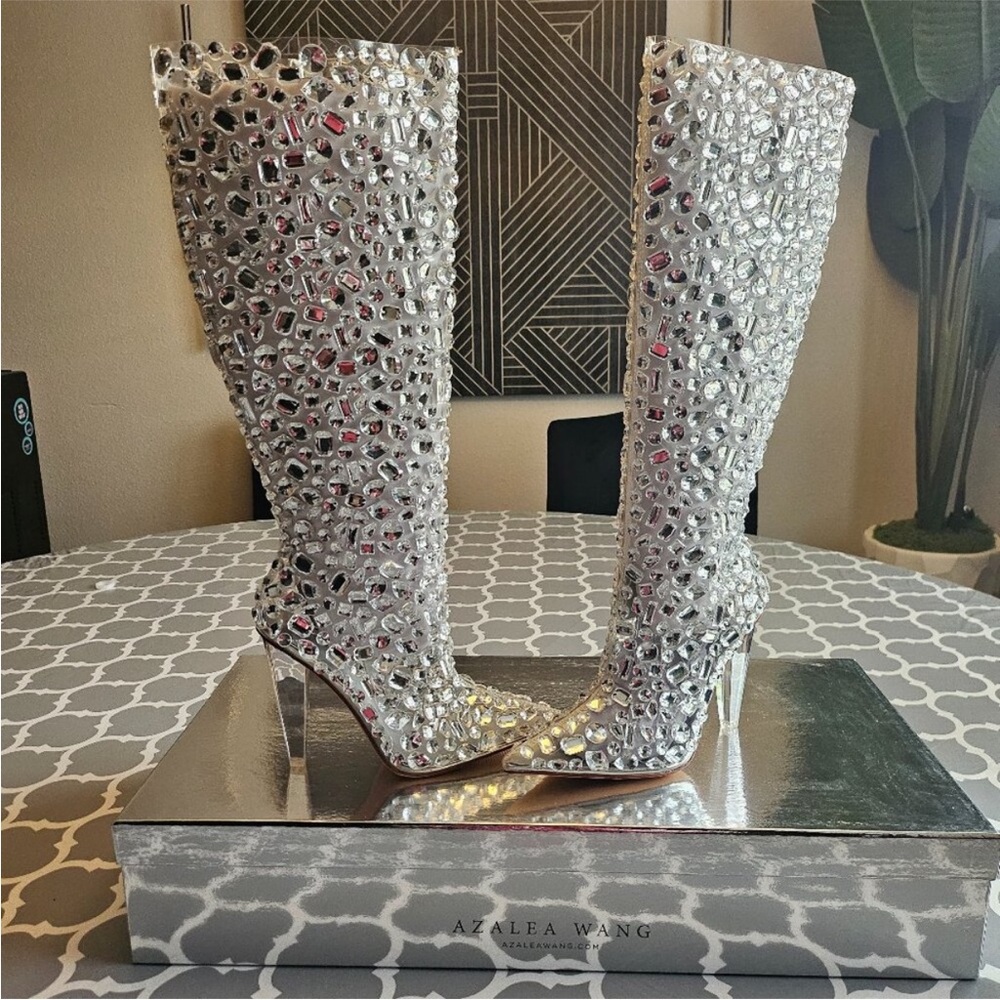 Azalea Wang Silver Rhinestone Knee-High Boots